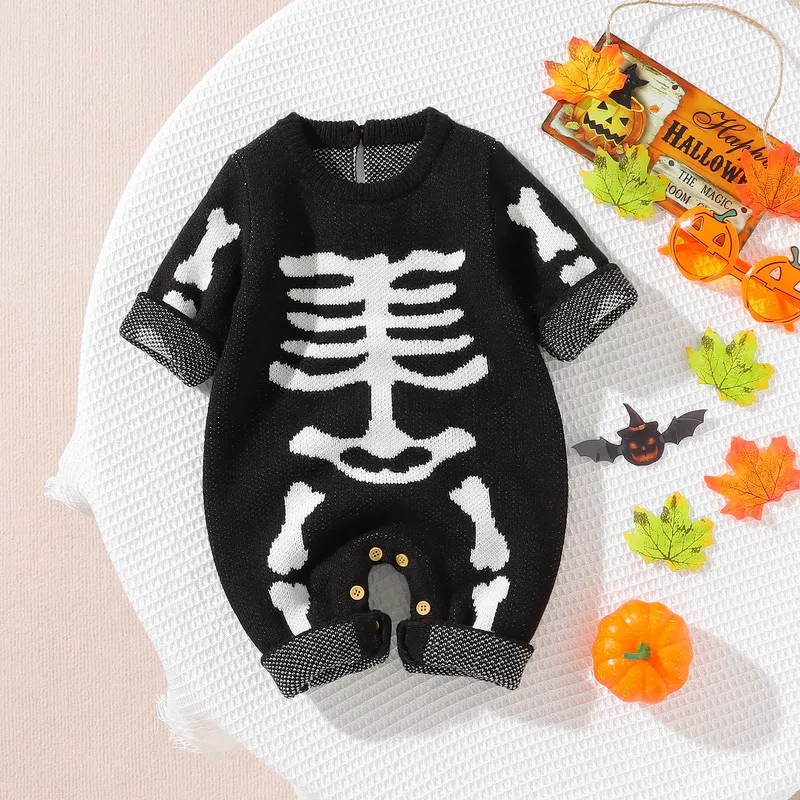 

Halloween Newborn Baby Boy Knitted Romper Autumn Winter Clothes Long Sleeve Skeleton Print Jumpsuit for Kids Baby Items Clothing