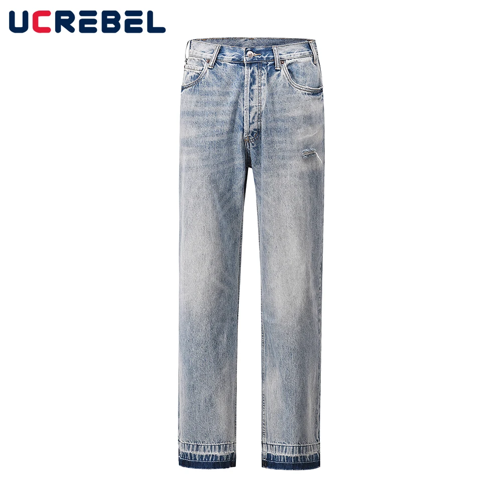 

Washed Blue Casual Wide Leg Trousers Mens Autumn Winter Loose Streetwear Distressed Straight-leg Jeans Men