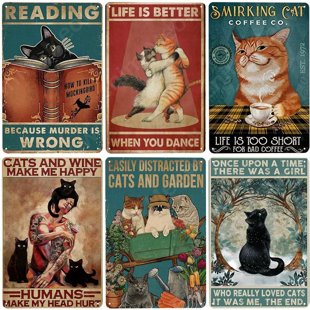 

Cats and Wine Make Me Happy Retro Tin Sign Black Cat Metal Sign Golfing Cat Plaque Poster Home Cafe Bar Bathroom Wall Decor