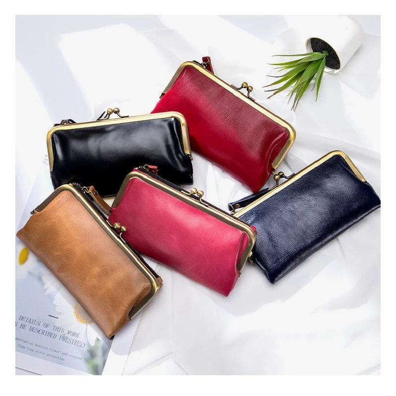 Luxury Genuine Leather Women Long Wallet Zipper Coin Purses Ladies Fold Card Holder Vintage Female Clutch Money Bag
