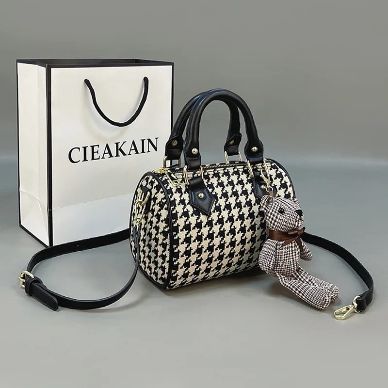 

2022 New Trend All-match Boston Cylinder Bags for Women Houndstooth Pillow Handbags Ladies Portable Shoulder Messenger Bag Gg Cc