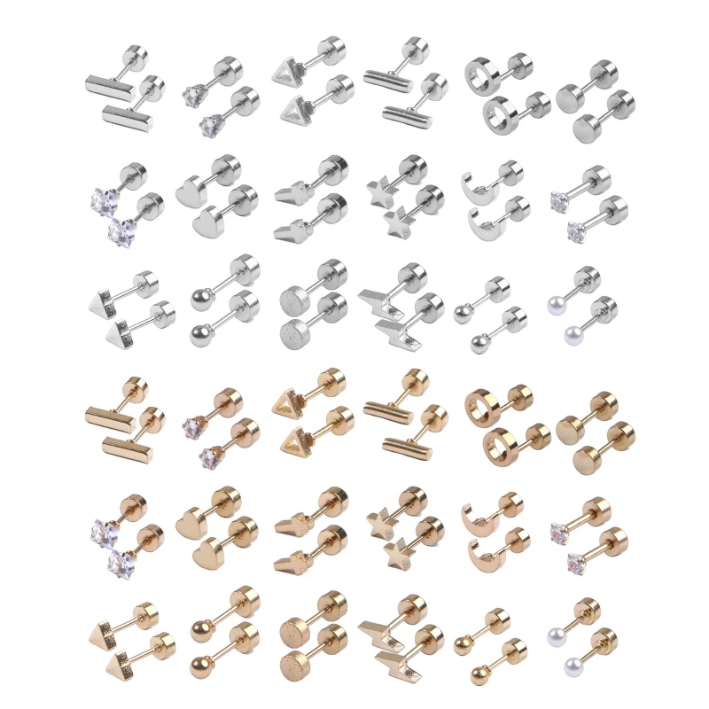

18 Pairs Stainless Steel Stud Earrings Set for Women Men Star Moon Heart Geometry Cartilage Earrings Flatback Earrings