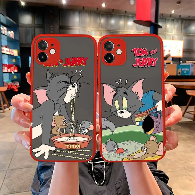 

Jerries Mouse Cat Design-Tom Phone Case For iphone 13 12 11 Pro Mini Max XS X 8 7 Plus SE 2020 XR Matte Transparent Light red