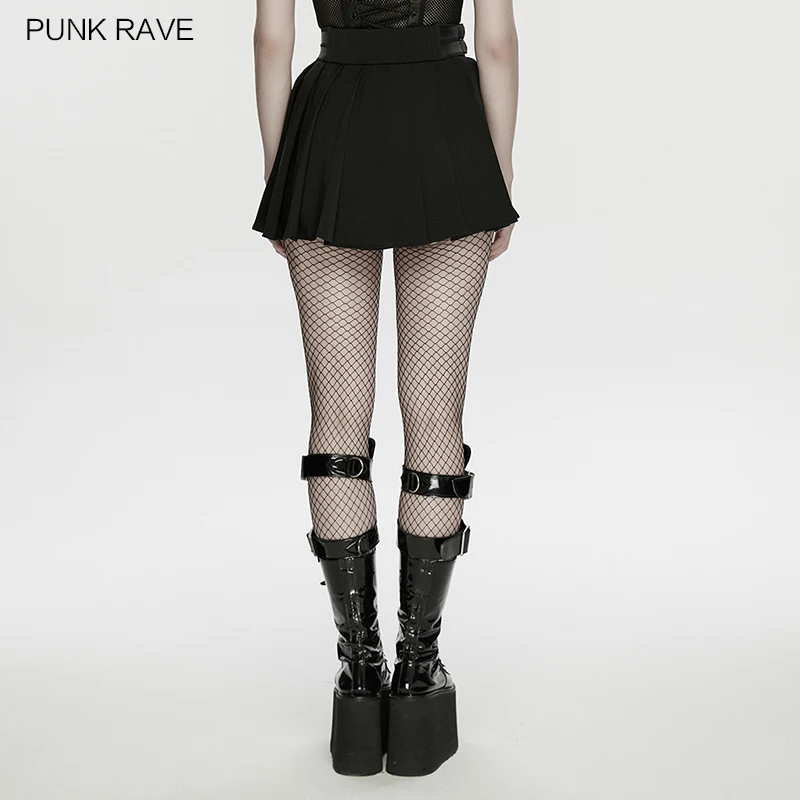 Фото Женская плиссированная юбка PUNK RAVE в стиле киберпанк из высококачественного шифона с боковыми пряжками на талии, стильная черная мини-юбка WQ-936B №4