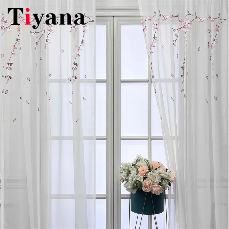 

Pastoral Pink Plum Blossom Sheer Tulle Balcony Bedroom Curtains For Living Room Kitchen Bay Window Drapes Voile Fabric Cortinas