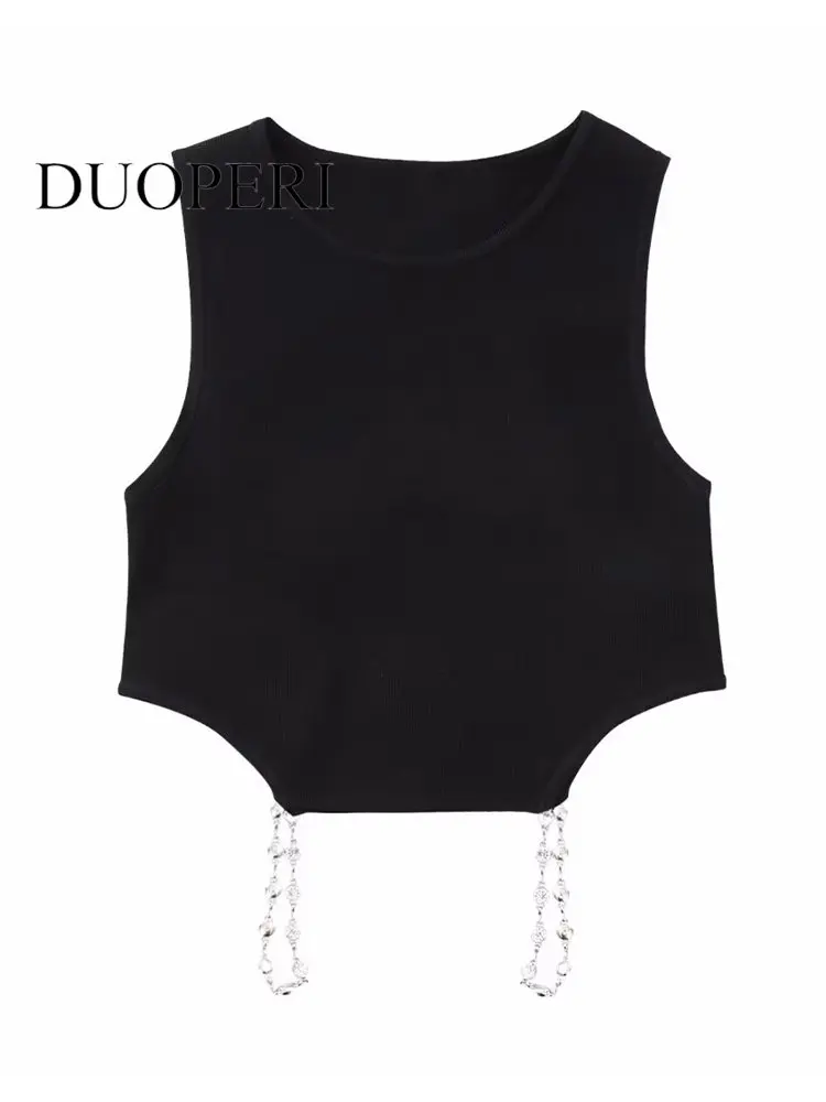 

DUOPERI Женская мода с бисером черный ажурный Укороченный трикотажный топ винтажный o-образный вырез без рукавов женские шикарные топы