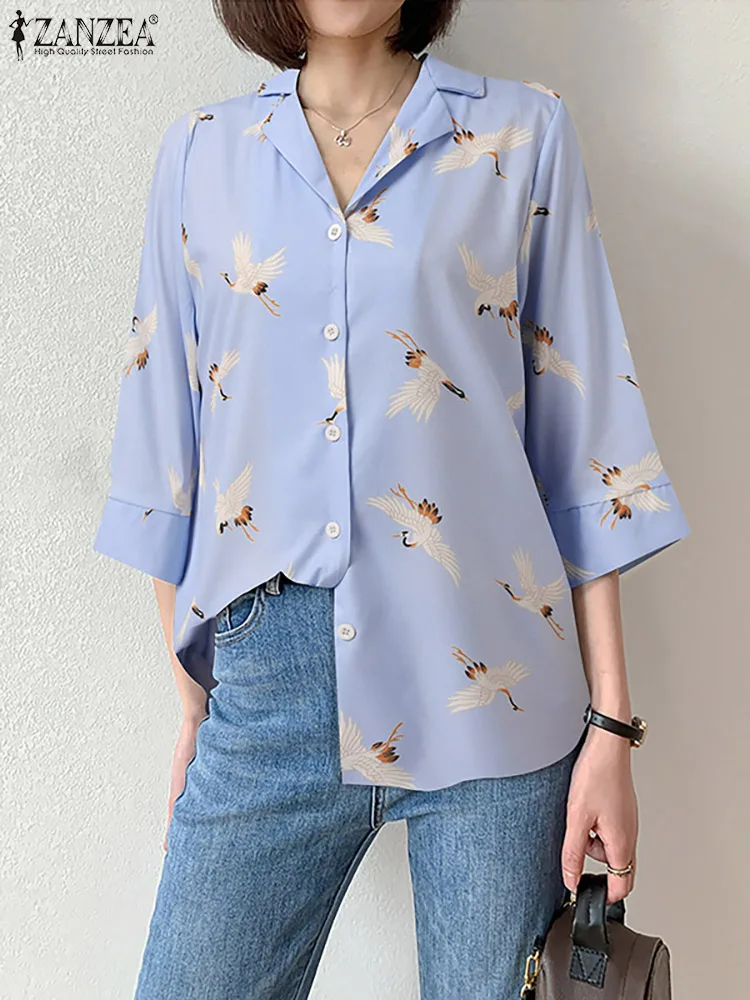 

Женская винтажная туника на пуговицах, Повседневная блузка большого размера с отложным воротником и рукавом 3/4, топы с принтом, летние празд...