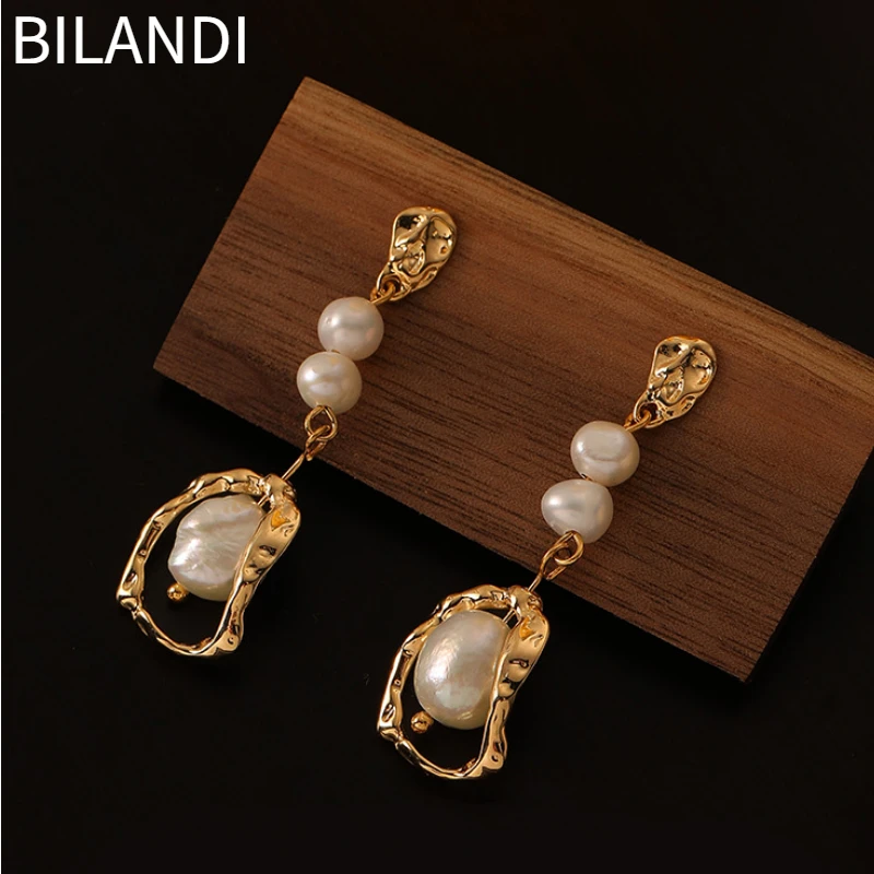 

Bilandi Trendy Jewelry 925 Silver Needle Geometric Metal White Pearl Earrings For Women Girl Gift Ear Accessories Dropshipping