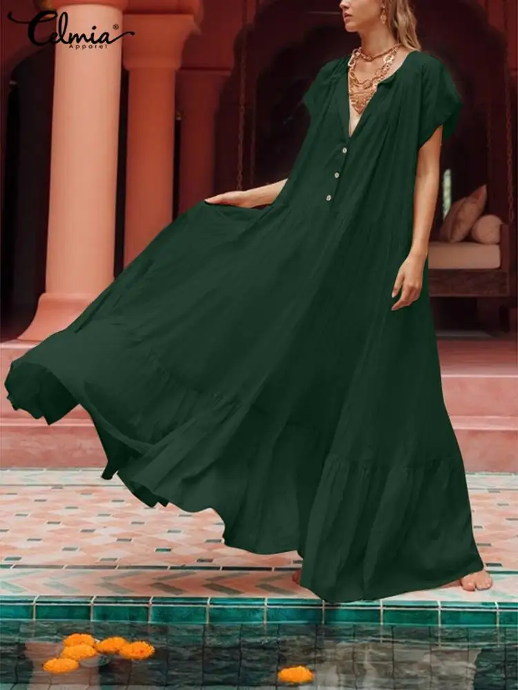

Celmia женское летнее длинное платье с круглым вырезом 2022, элегантное женское Платье трапециевидного силуэта, повседневное свободное однотон...