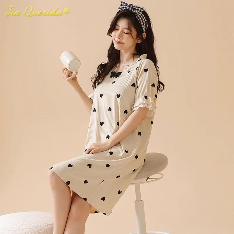 

Women Cheongsam Style Sleepshirts Kawaii Lolita M-5XL Cotton Nightgown Summer Polka Dot Elegant Woman Nightgowns Girl Nightdress