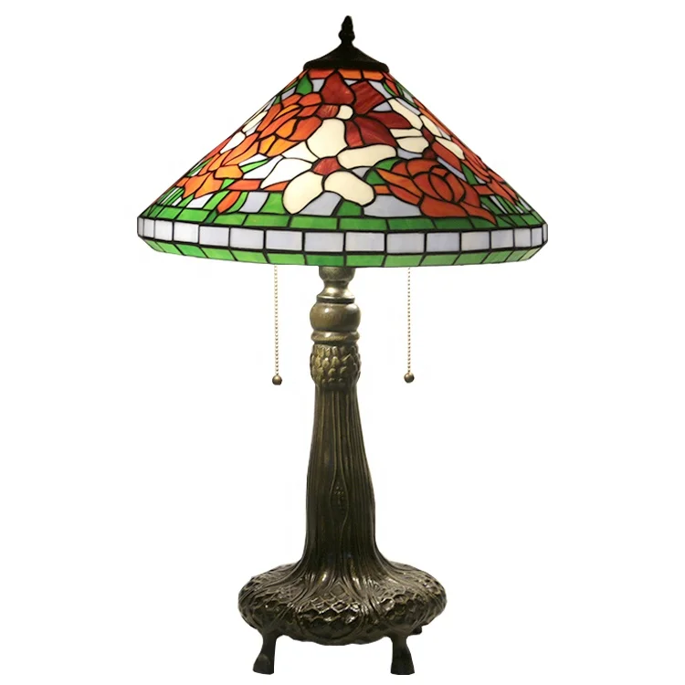 

LongHuiJing 16 Inch European Retro Style Tiffany Table Lamp with Colorful Floral Pattern Stained Glass Cone Shade Lights