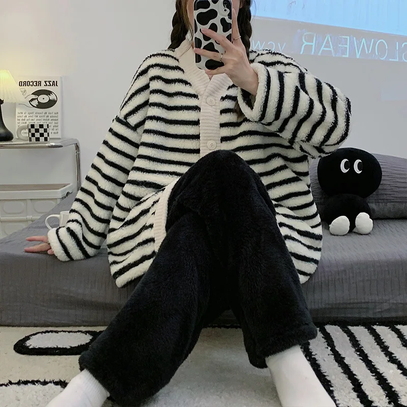 Yasuk Winter Women Girl Casual Warm Soft Sleepwear Pajamas With Pant Velvet Fleecel Cute Thick Pocket Simple Black White Stripes