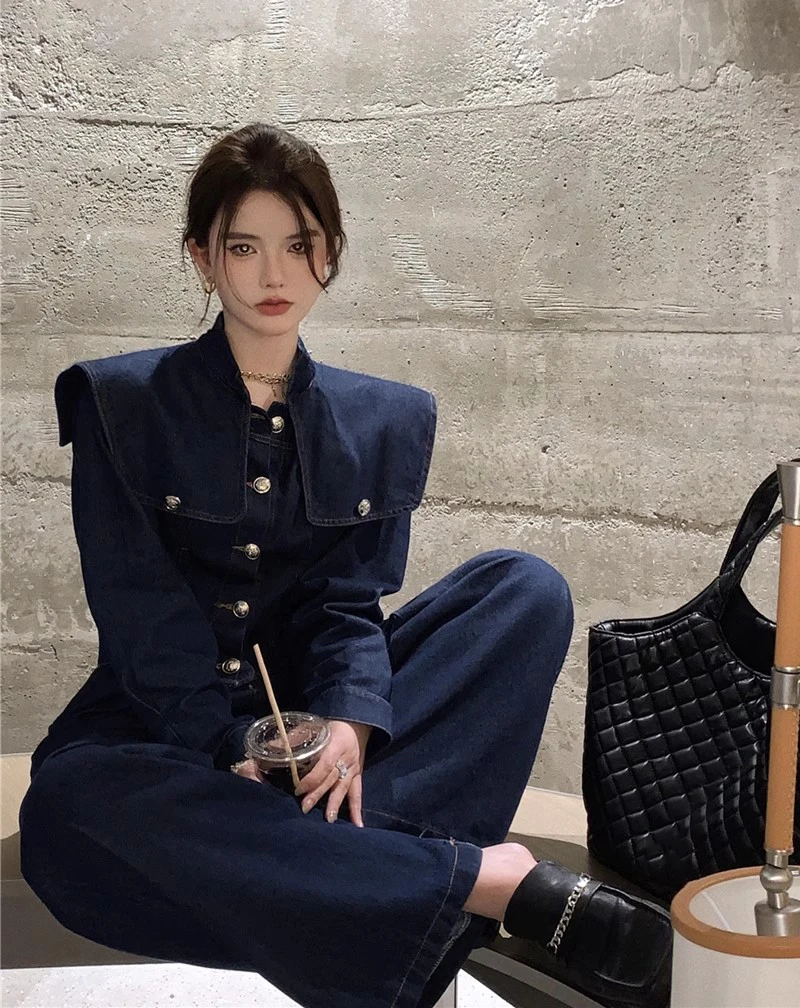 

2Pcs Set,Two Pieces Sets,Denim Coat and Jeans Pant,women fall clothing suit tracksuit high street fashion outfits + long trouser