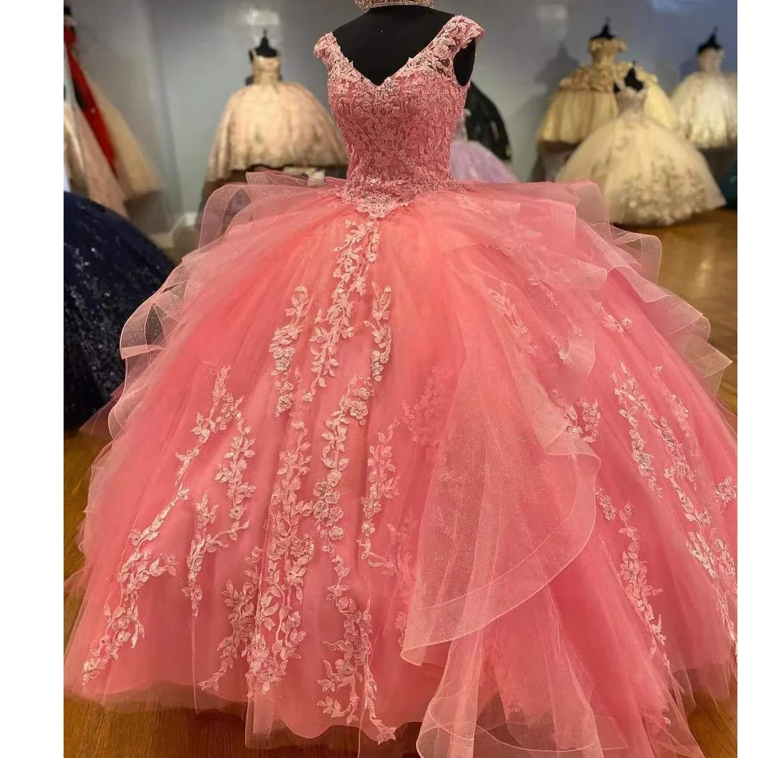 

Hot Pink Quinceanera Dresses 3D Floral Appliques Beading Modern Off Shoulder Lace-up Corset Princess Prom Vestidos De 15 Anos