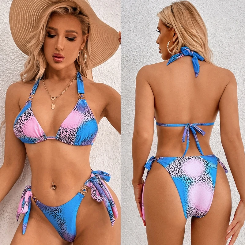

2Pcs/lot Sexy Women Summer Swimwear Bikini Set Bra Tie Side Patchwork Color Beach Triangle Swimsuit Bathing Suit