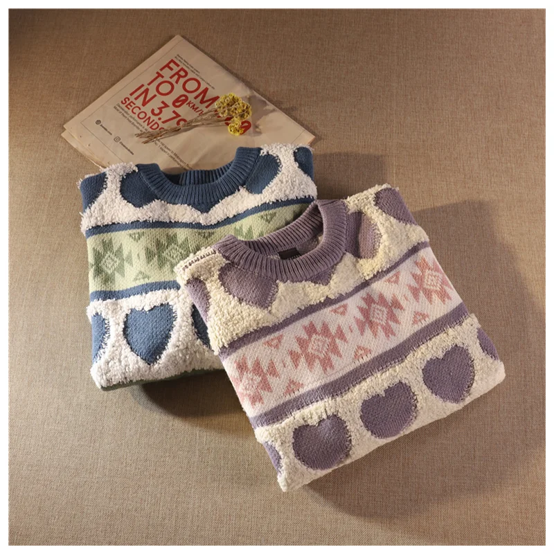 Women's Sweet Sweater Knitwear Autumn Winter O Neck Loose Retro Pullover Long Sleeve Casual Love Embroidery Fashion Pullover