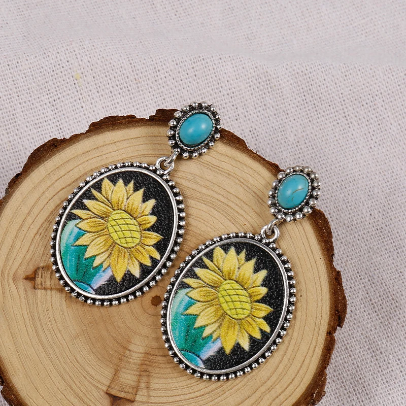 

PU Leather Drop Earrings Oval Shape With Sunflower Shape Pattern Vintage Style Blue Stone Dangle Earrings