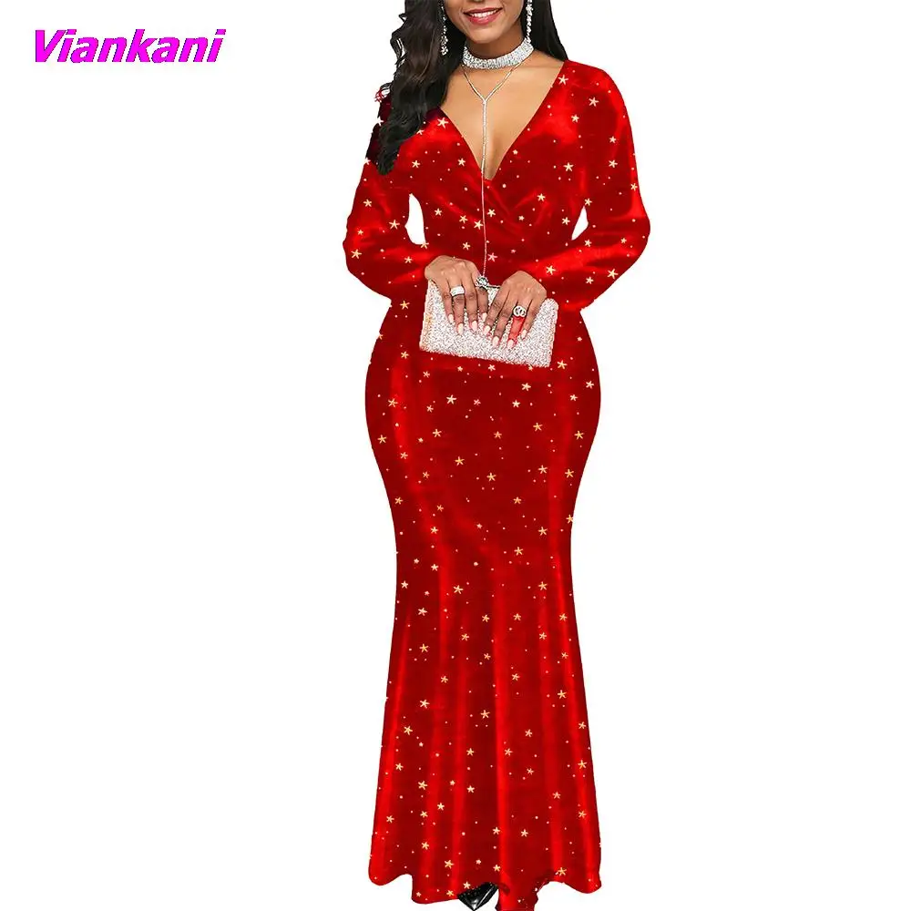 

Women Dress Elegant Sexy V-Neck Banquet Party Vestidos Plus Size Slim Star Print Mermaid Maxi Dresses Evening Wedding Outfits