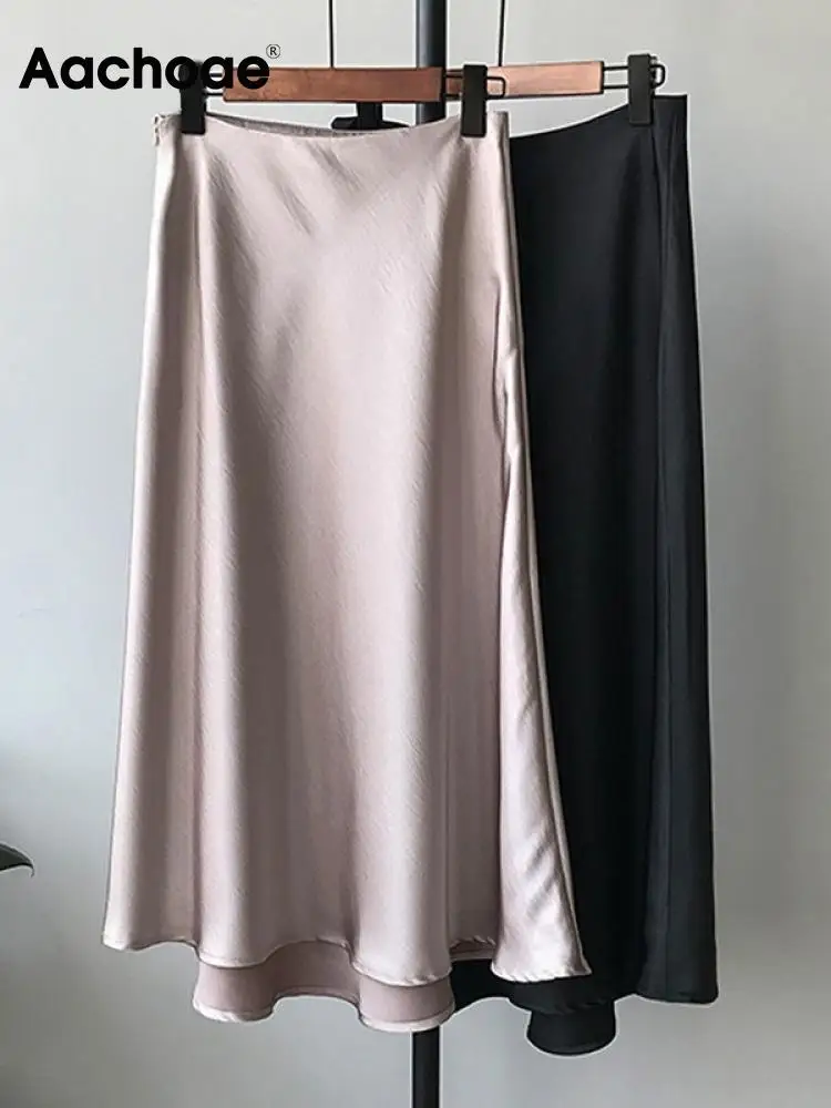 

Aachoae Elegant Solid Long Skirt Summer Autumn 2020 High Waist Casual Loose Skirts Lady Office Wear Vintage Skirt Mujer Faldas