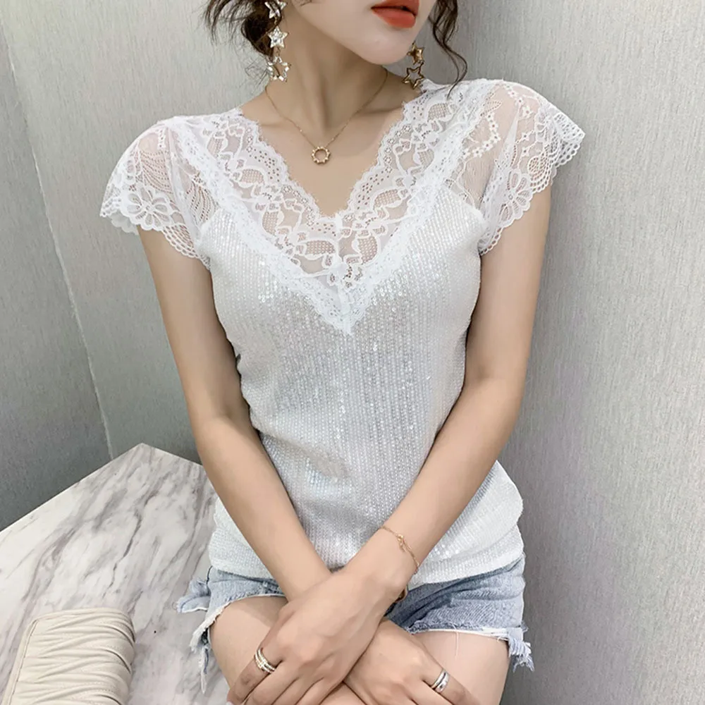 Женская кружевная блузка с блестками элегантная облегающая черная составного