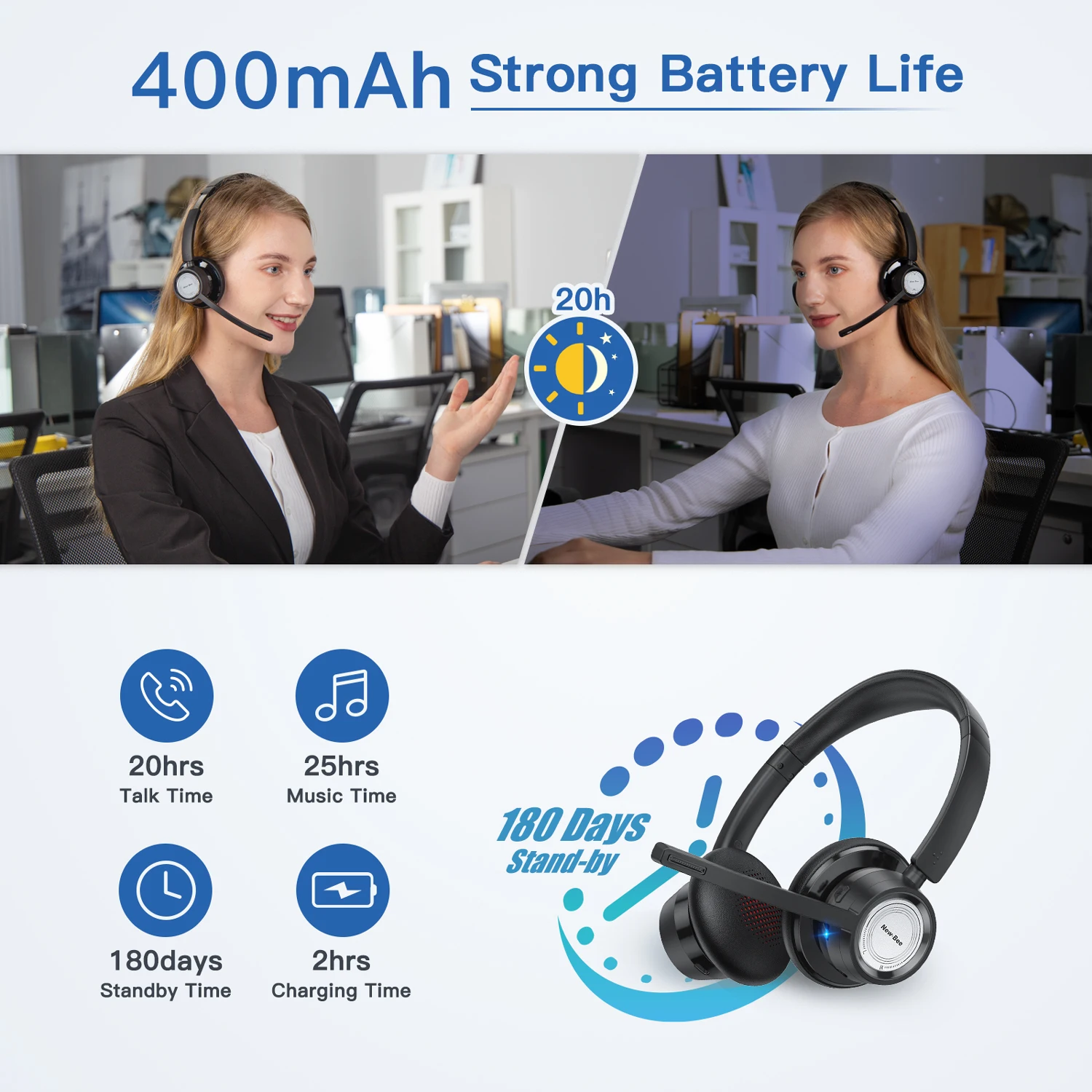 New Bee Bluetooth Headphones V5.0 BH58 Headset 25Hrs Playtime Wireless Headphone with Mic Foldable Lightweight Earphone - купить по