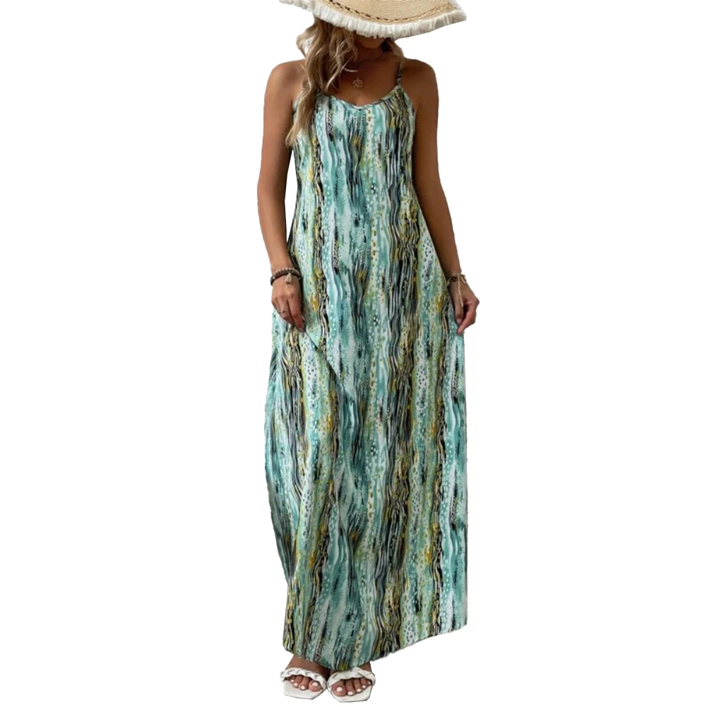 

Summer Dresses Bohemian Sleeveless Printing Suspender Strap Long Dresses Holiday Beach Sundress Dress Vestidos
