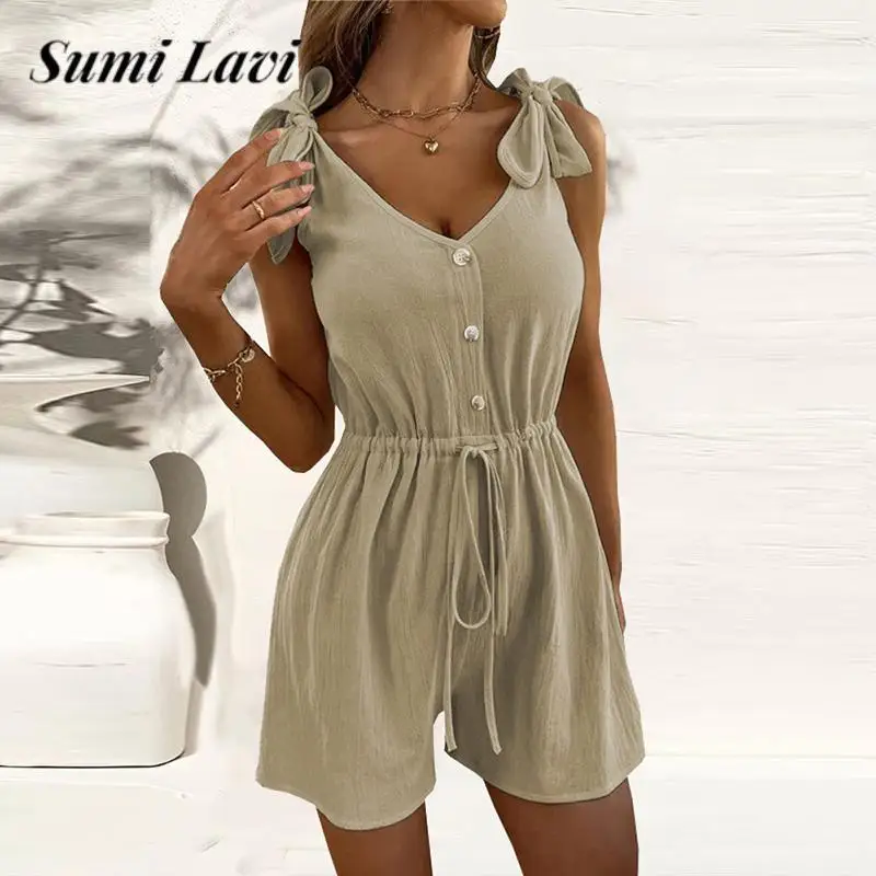 

Simple Bow Lace-up Waisted Playsuit Overall Women's Solid Color Short Jumpsuit Summer V Neck Sleeveless Button Drawstring Romper