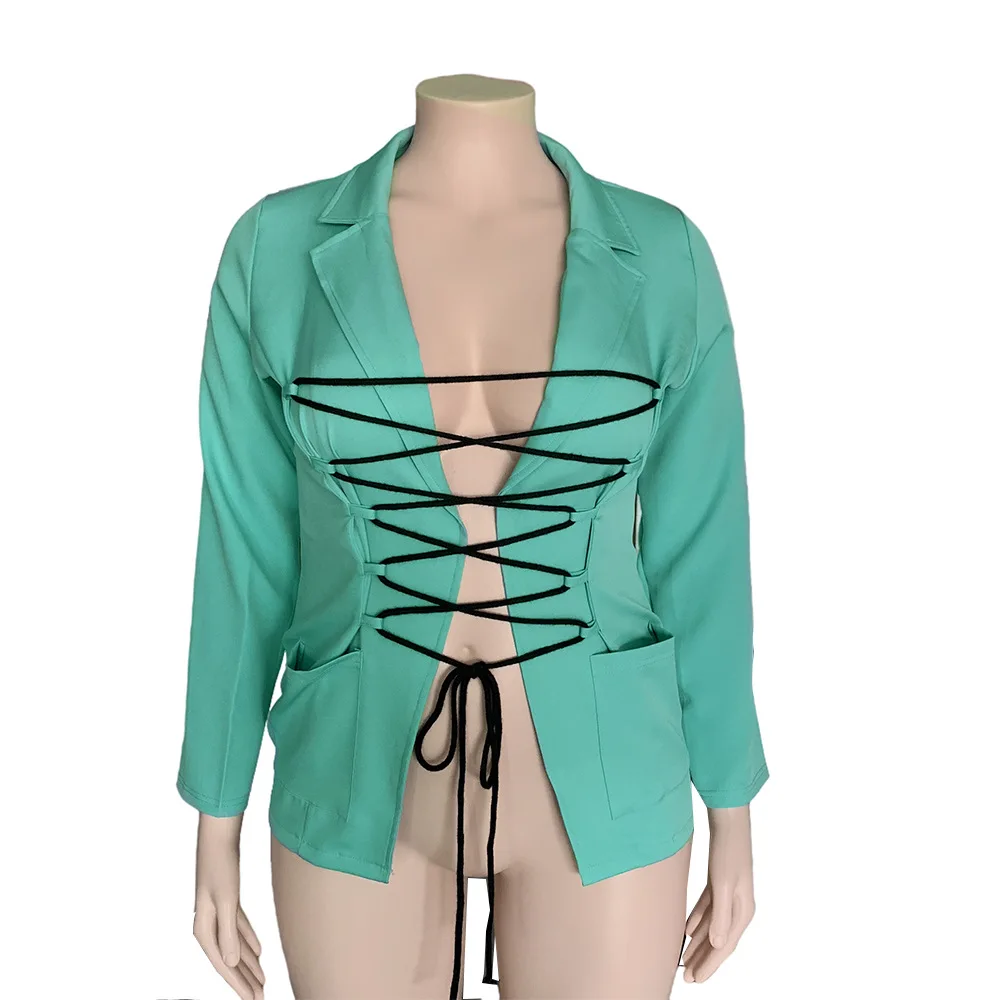 Plus Size Women's Suit Bandage Casual Designer Jacket 2022 Autumn Fahion V Neck Trench Coat Fall Female Club Wholesale Clothes
