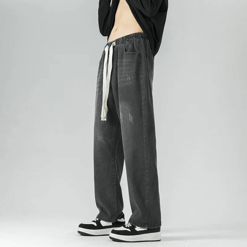 

Summer Jeans Men Fashion Drawstring Vintage Jeans Men Streetwear Hip-hop Loose Straight Denim Pants Mens Oversized Trousers