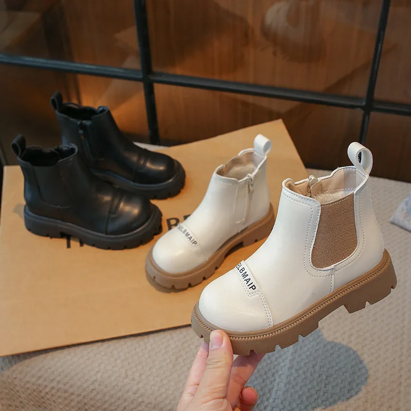 

Ботинки Челси из искусственной кожи с надписью для мальчиков и девочек, зимние однотонные теплые флисовые детские модные ботинки, Нескользящие Детские Ботильоны на молнии