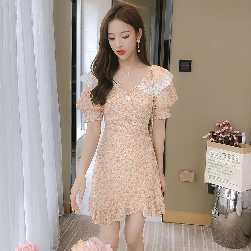 

COIGARSAM Summer Dress Women 2022 New French Style Floral Print High Waist V-Neck Yellow Dresses Dropshipping