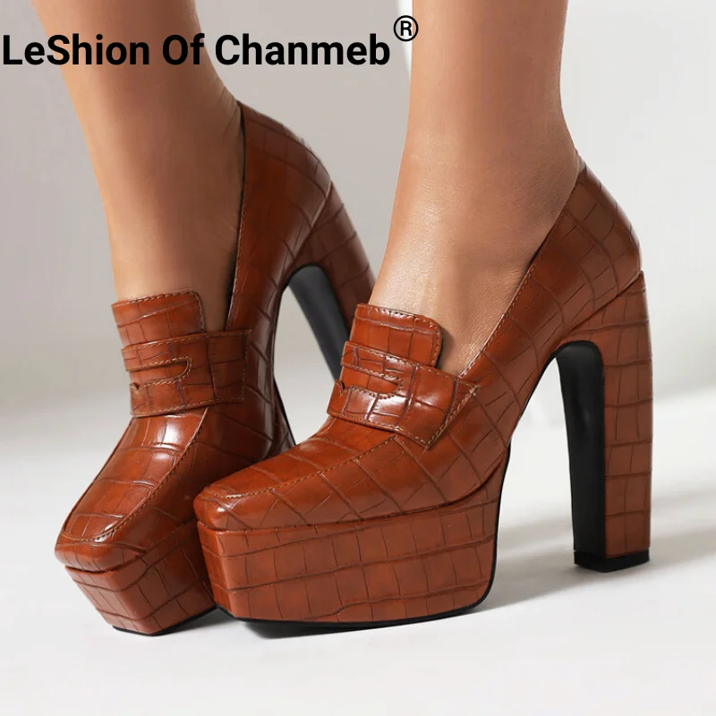 

LeShion Of Chanmeb Chic Super High Heels Square Toe Pumps Women Designer Chunky Thick Platform Penny Loafers Crocodile Skin Shoe