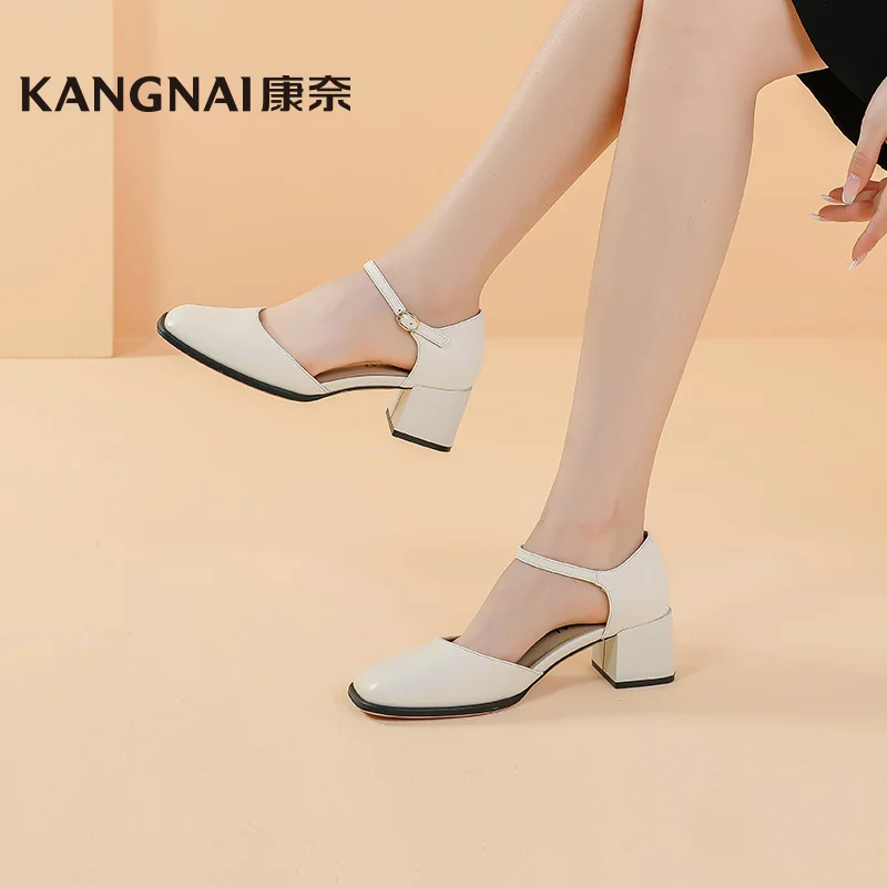 

Kangnai Sandals Women Sheep Leather Cover Toe Pumps Thick Heels Ankle Strap Ladies Summer Shoes