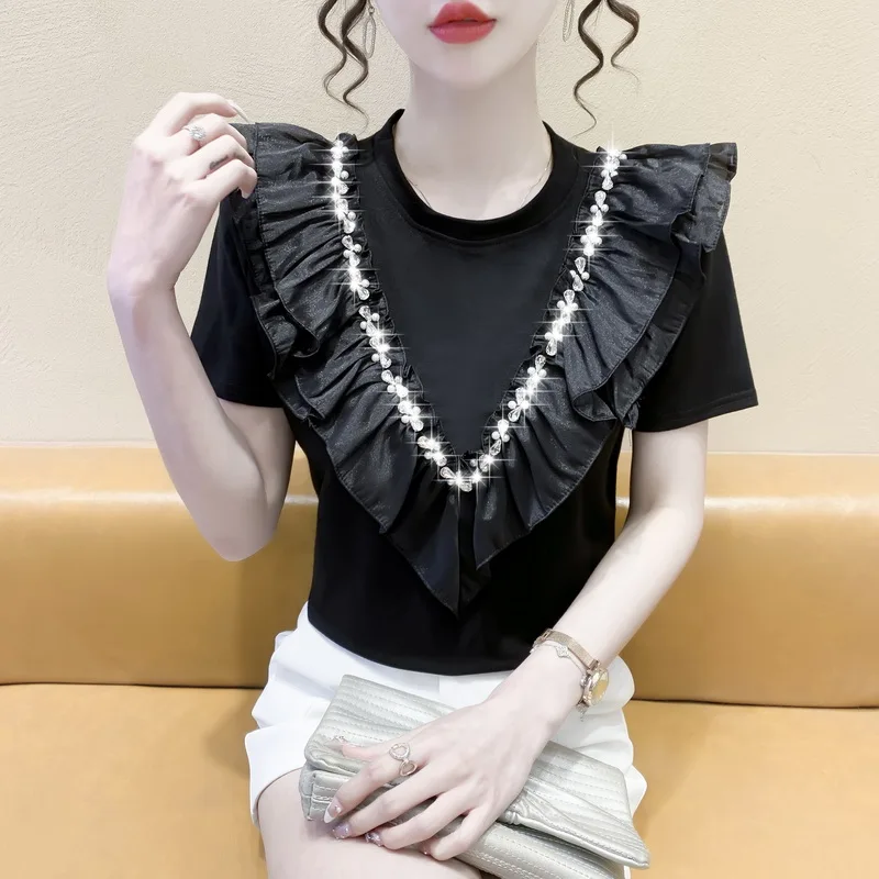 

Bottom shirt girl in the summer of 2022 new double flounces hand-nailed round neck short sleeve T-shirt girl 651a,401-11
