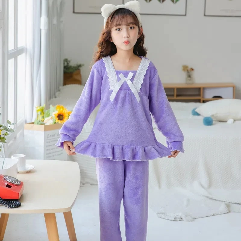 

Фланелевая кружевная однотонная Детская Пижама с воротником Зимняя утепленная домашняя одежда для девочек в стиле принцессы Детские пижам...