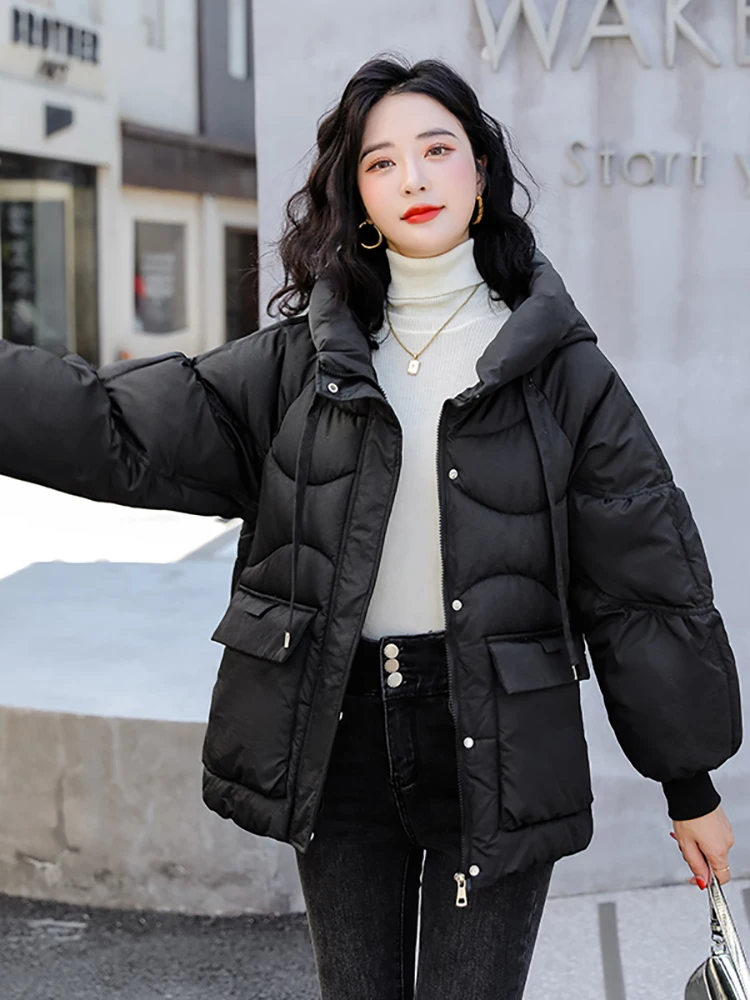 Winter Oversized Black Bubble Coats Women 2022 Fashion Zipper Scarf Collar Puffer Short Jackets High Street Outwear Casual Parka