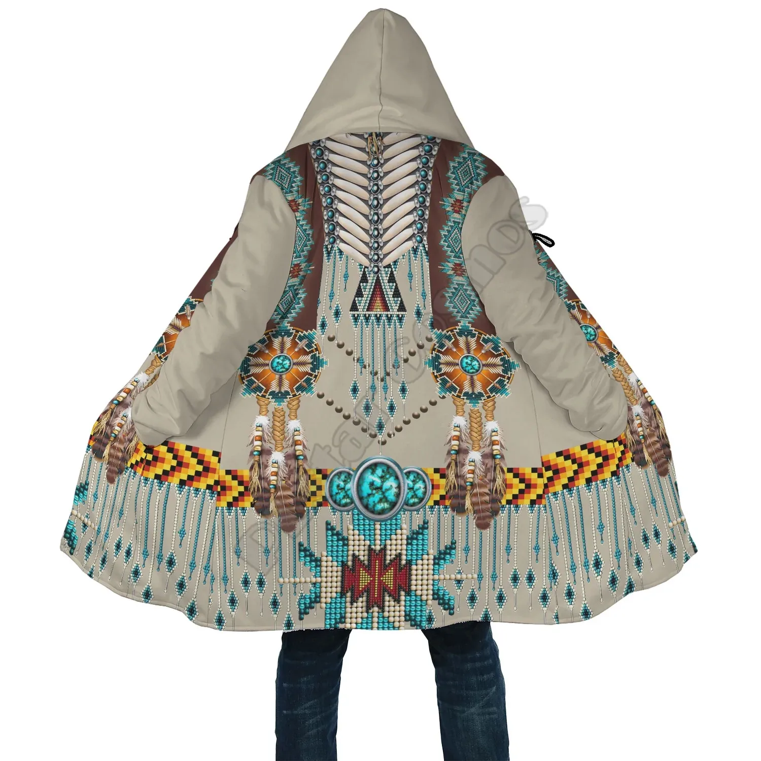 Зимний флисовый плащ с капюшоном бирюзовый синий