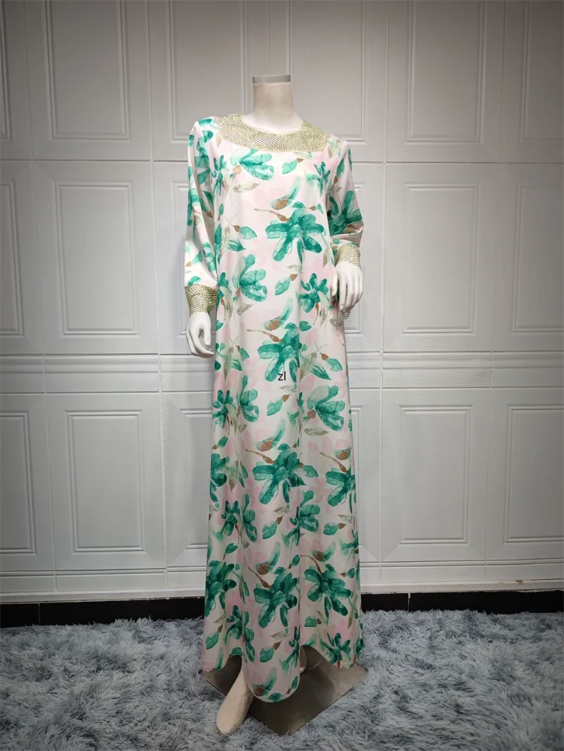 Long Dresses for Women Elegant Ethnic Rhinestone Stretch Mesh Patchwork O Neck Full Sleeve Print Dubai Arab Muslim Robe