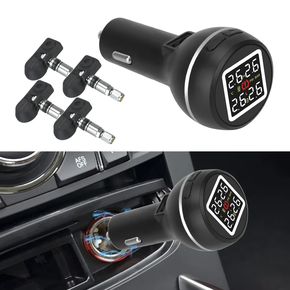 

With 4 Internal Sensors Car Tire Pressure Monitoring System TPMS Cigarette Lighter Type Save Fuel High Temperature Alarm