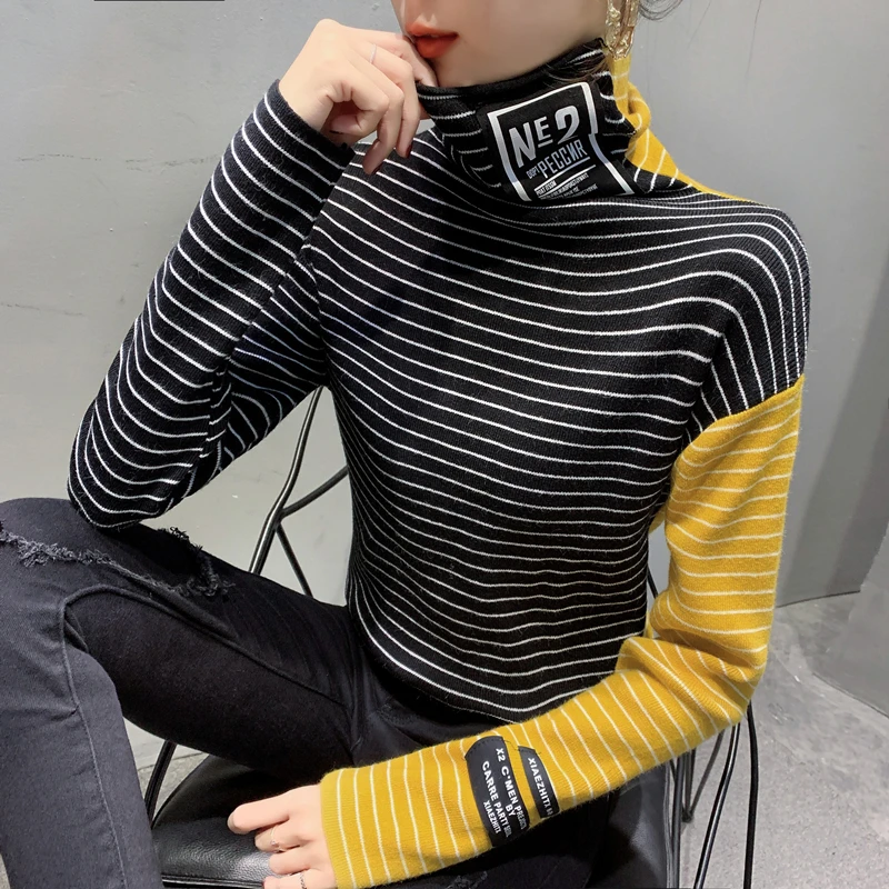 

Fall Winter Knitwear Warm Turtleneck Sweater Sexy Spliced Striped Women Commuter With Fleece Color Blocking Pullovers Tops 0269