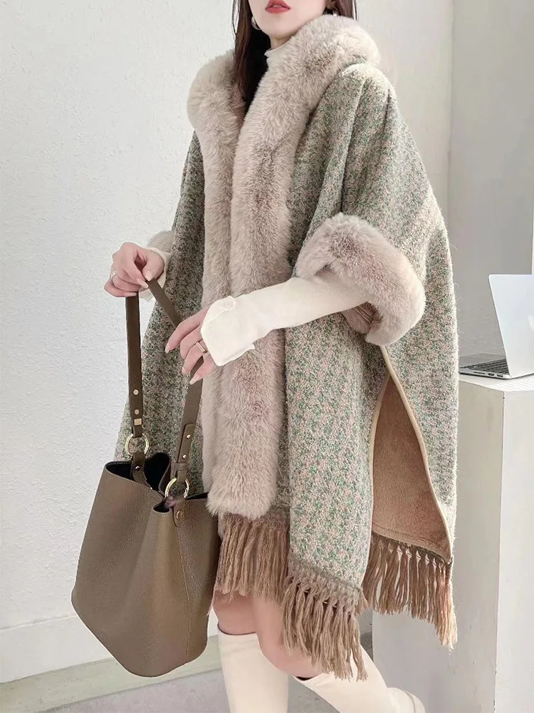 Add velvet padded plaid fringed cloak shawl autumn and winter shawl coat