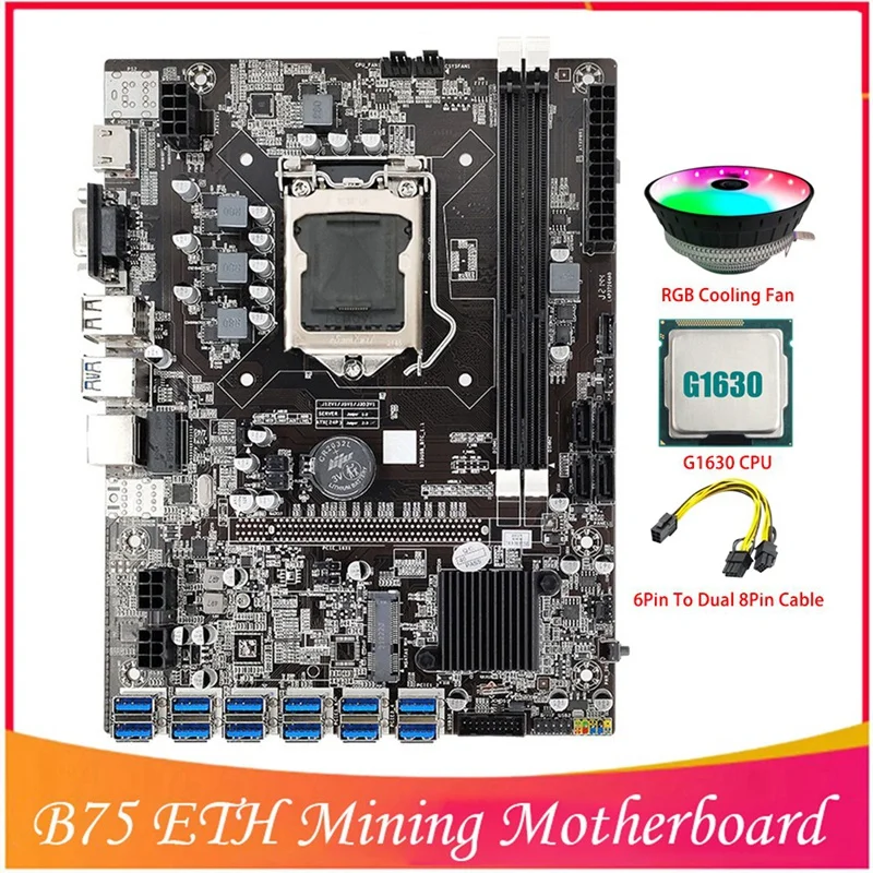 

Материнская плата B75 ETH для майнинга LGA1155 12xpcie к USB G1630 CPU + 6Pin к двойному 8Pin кабелю + охлаждающий вентилятор DDR3 B75 BTC материнская плата