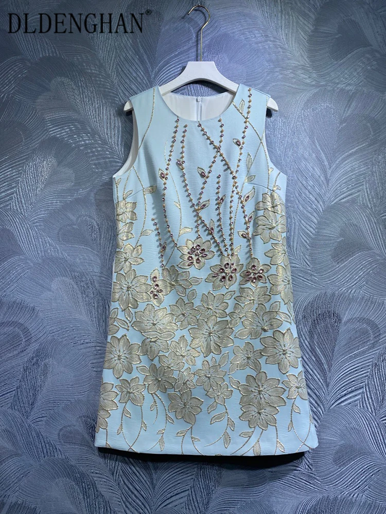 DLDENGHAN Spring Summer Women Jacquard Tank Dress O-Neck Sleeveless Beading Diamonds Elegant Party Dresses Fashion Runway New