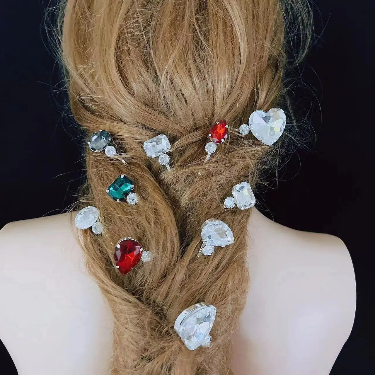 

Fashion luxury crystal color gem woven hairpin hairpin hair accessories women's shiny Rhinestone round square geometric hairpin