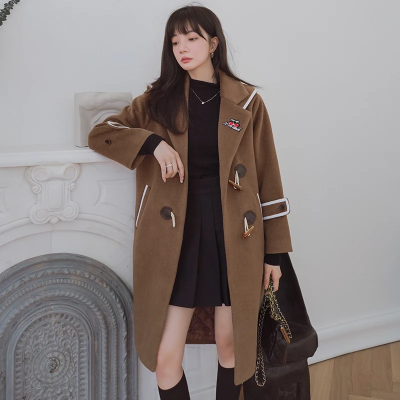 

Women's Woolen Coat Long Autumn Winter New College Style Horn Buckle Detachable Navy Collar Thickened Loose Brown Fashion Jacket