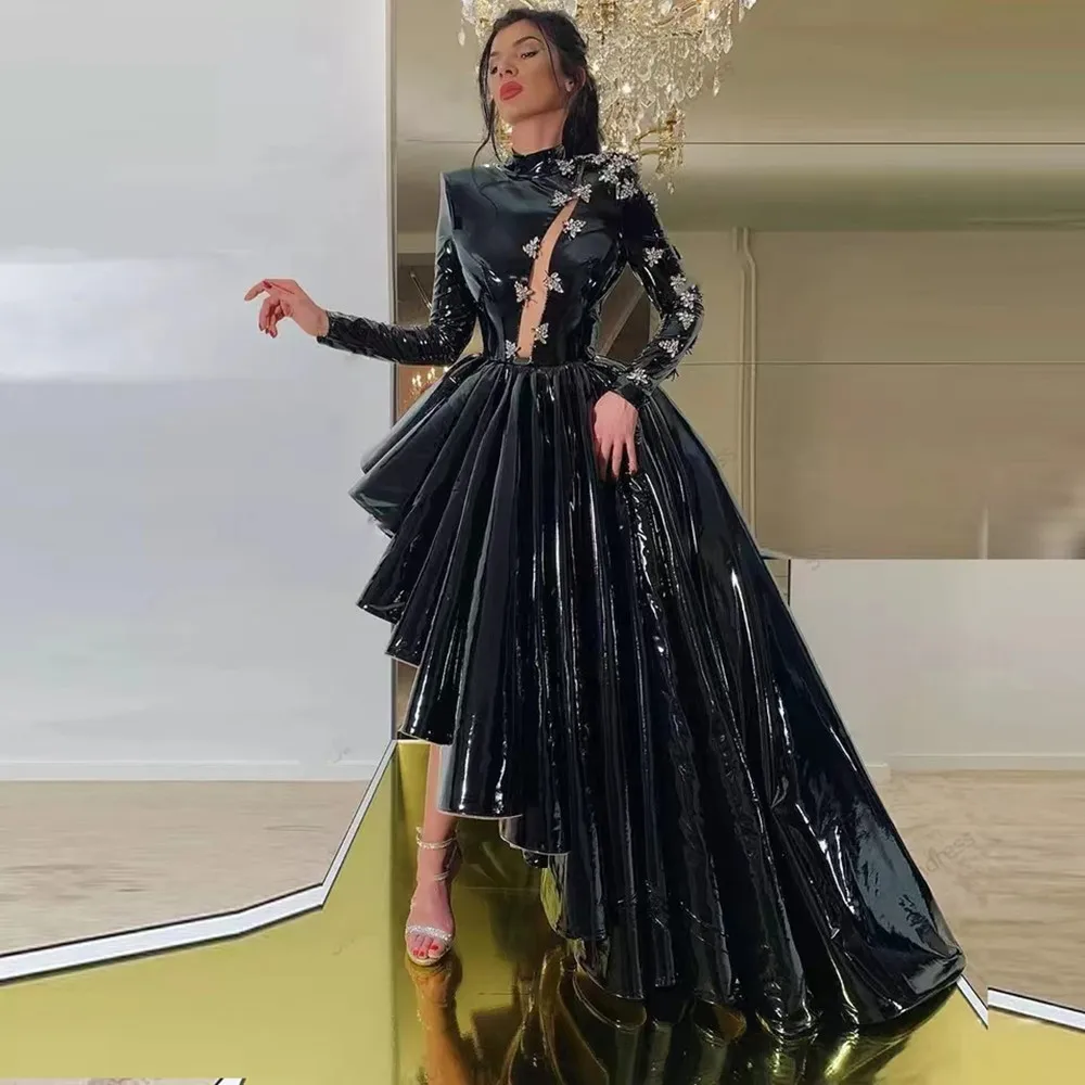 

Black Leather High Neck A Line Prom Dresses Long Sleeves Crystals Evening Gowns High Low Asymmetry Custom Made Pageant Dress