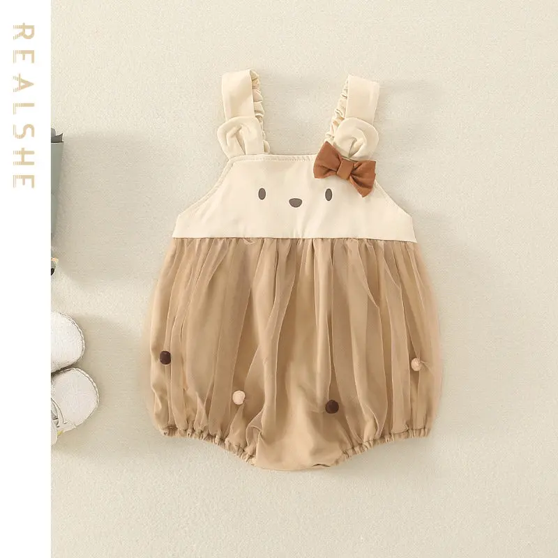 

2023 New Newborn Baby Summer Rompers Sleeveless Bow Tulle Infant Baby Jumpsuit for Girls Cartoon Baby Girl Clothes