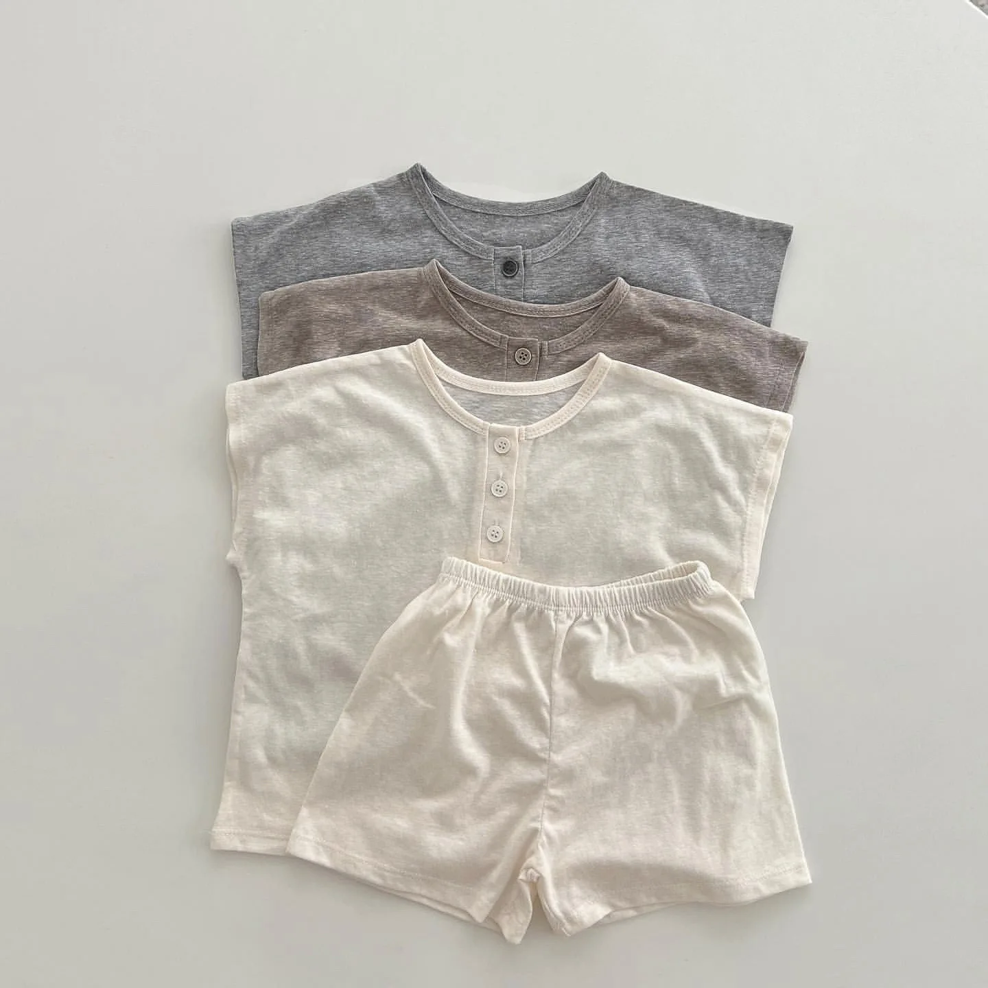 

2023 New Baby Vintage Solid Short Sleeve T Shirts + Shorts Infant 2pcs Suit Toddler Summer Cotton Clothes Set Kids Outfits