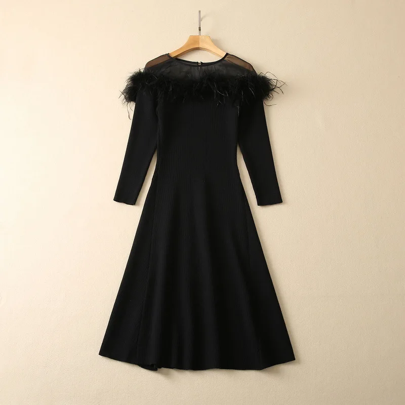 European and American women's wear for winter 2022  Long sleeve round neck feather decoration  Fashion knit dress