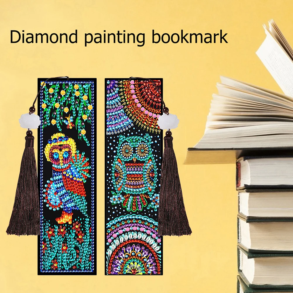 

5D DIY Special Shaped Diamond Painting Leather Bookmark Diamond Embroidery Craft Tassel Book Marks for Books Christmas Gift 2pcs